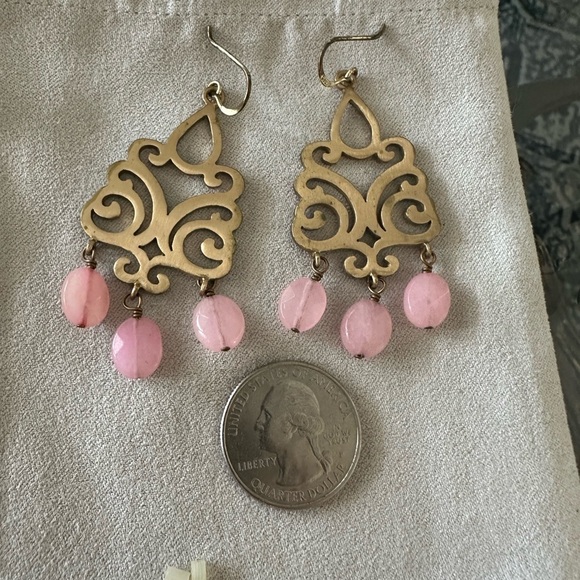 Gold Dangle Earrings w/ Pink - Picture 2 of 2